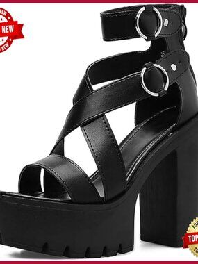 Platform Heeled Sandals with Ankle Strap, Buckle Closure, Open Toe Design